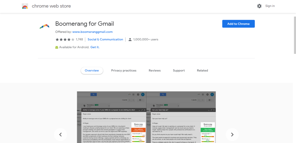 Screenshot of best chrome extensions for productivity: Boomerang for Gmail