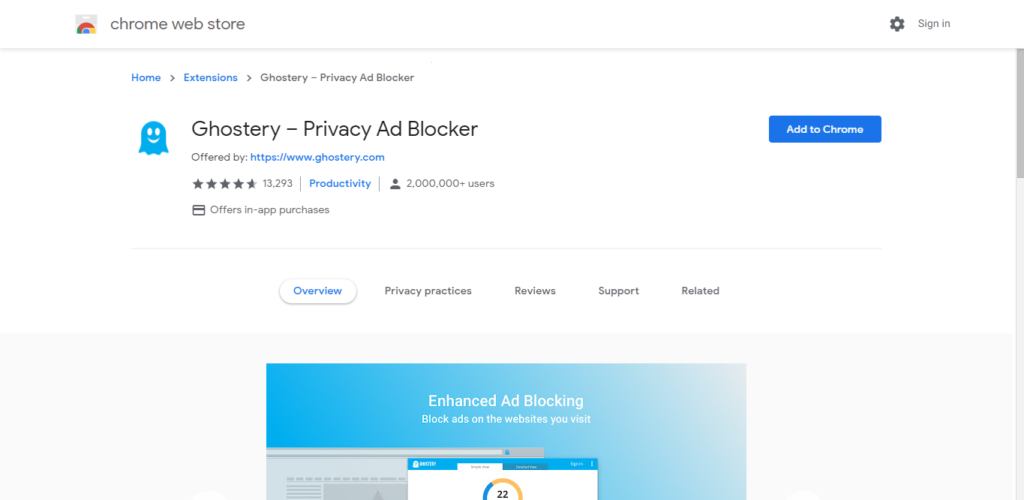 Screenshot of best chrome extensions for productivity: Ghostery Ad Blocker