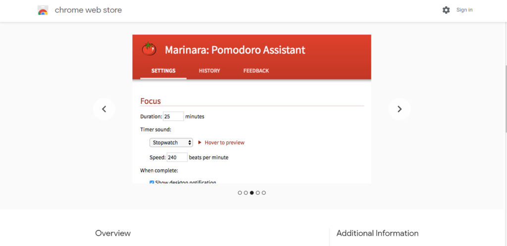 Screenshot of best chrome extensions for productivity: Marinara Pomodoro Technique
