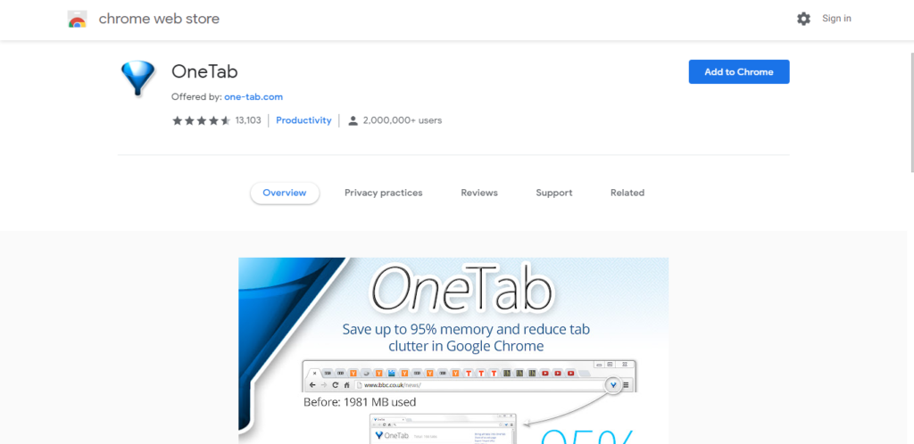 Screenshot of best chrome extensions for productivity: OneTab