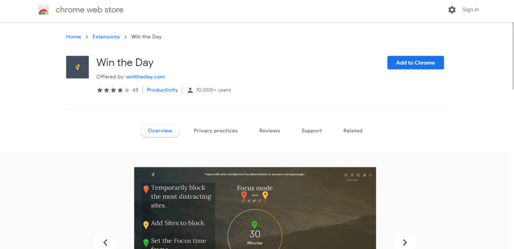 Screenshot of best chrome extensions for productivity: Win The Day