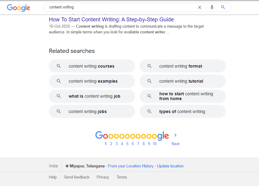 Google search's 'related searches' for content writing query